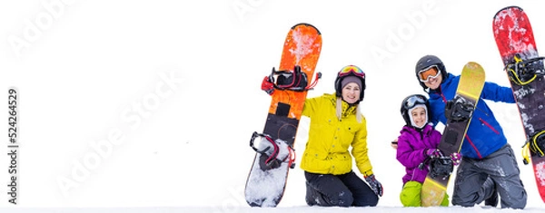 Fototapeta Portrait of happy family with snowboards looking at camera on white background.