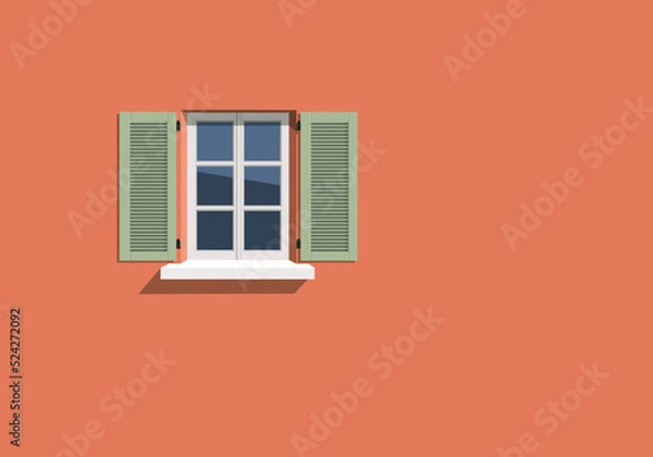 Fototapeta Fond de mur avec une fenêtre et des volets verts sur la façade d’une maison peinte en orange.