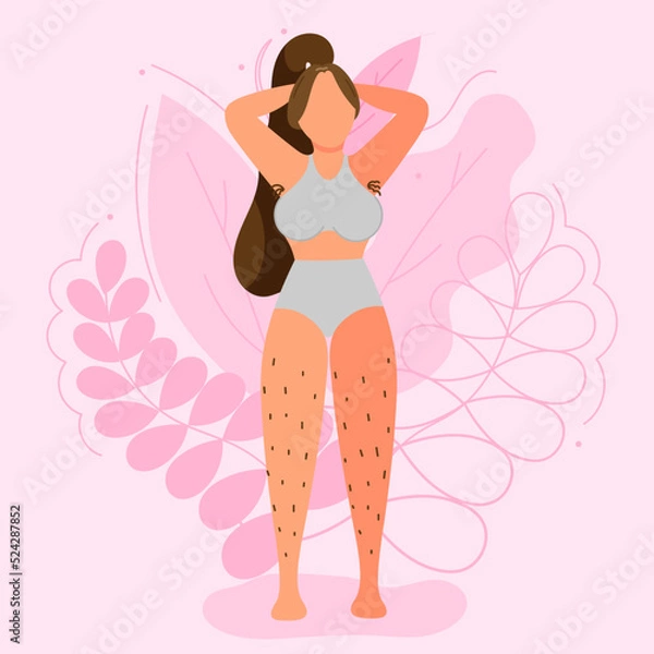 Obraz Vector illustration on the theme of body positivity. A girl who refused to shave her body, with hair on her legs and armpits against a background of beautiful leaves. Flat style