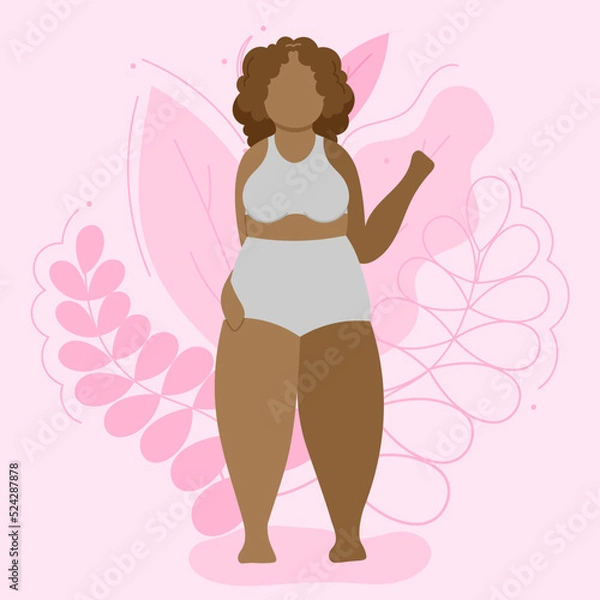 Obraz Vector illustration on the theme of body positivity. A plump girl with curly hair on a background of beautiful leaves. Flat style