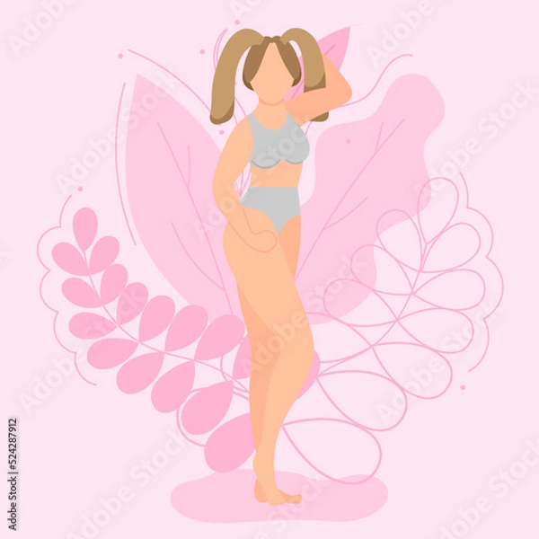 Obraz Vector illustration on the theme of body positivity. A tall girl with her hair braided in two long ponytails against a background of beautiful leaves. Flat style