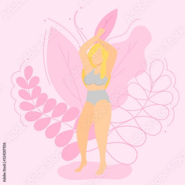 Obraz Vector illustration on the theme of body positivity. A short girl with long blonde hair on a background of beautiful leaves. Flat style