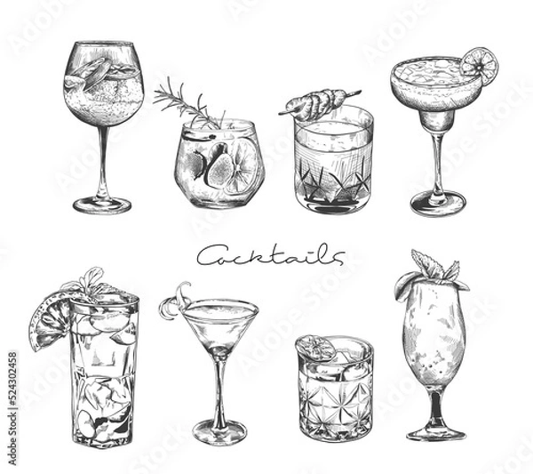 Obraz Hand drawn cocktail. Alcoholic drinks in glasses. Sketch juice, margarita martini. Cocktail with rum, gin whiskey vector set.