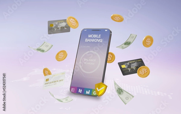Obraz Online money transfer By having a credit card connection And have a safety supervision system concept, Online money transactions, mobile payments using a smartphone, 3D rendering.