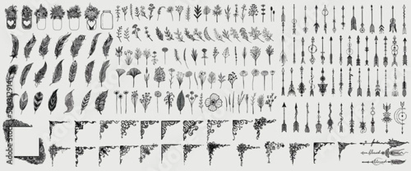 Obraz Bundle of hand-drawn mason jars, wildflowers, feathers, corner frames, and arrows. Vector illustration.