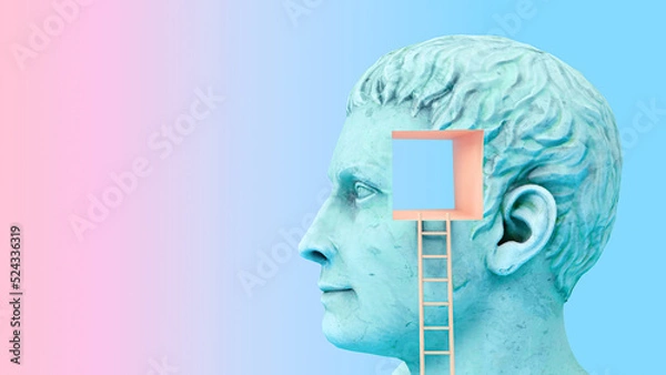 Obraz Creative 3D Illustration concept of a statue of a human head. The ladder to knowledge what is in your head..