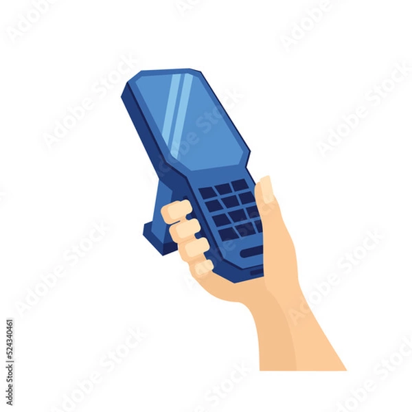 Fototapeta Manual data collection terminal in hand for inventory in a warehouse, inventory control, barcode scanner, qr-codes, isolated Laser scanner of a data collection terminal on a white background
