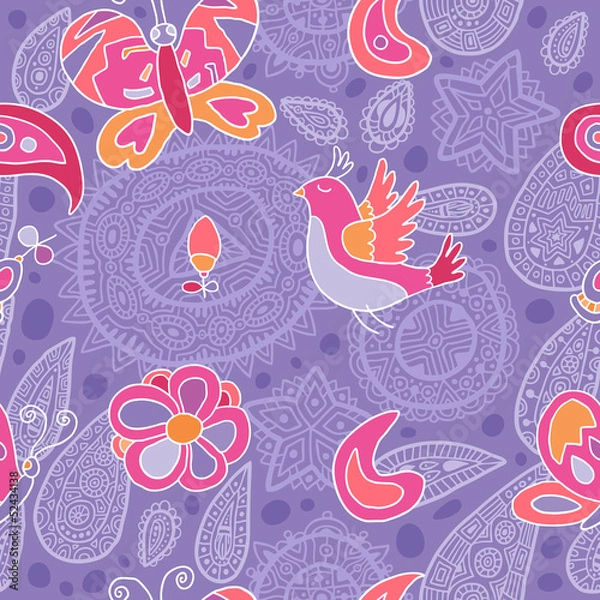Fototapeta Seamless pattern with butterflies, bird and flowers