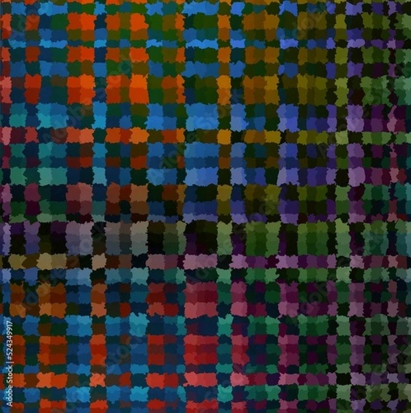 Obraz Green orange blue vintage checkered background with blur, gradient and grunge texture. Classic checkered geometric pattern. Checkered texture. Ornament from colored square elements. 