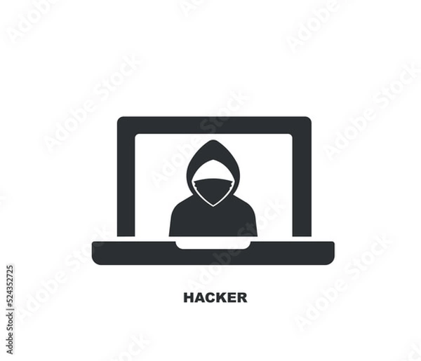 Fototapeta Hacker is cybercriminal who steals user's personal data with laptop. Hacker attack and web security. editable vector.
