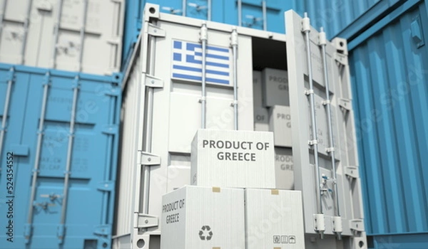Fototapeta Cardboard boxes with goods from Greece and cargo containers. Industry and logistics related conceptual 3D rendering