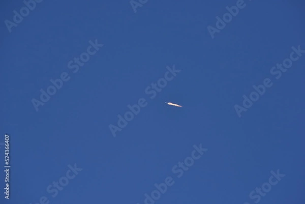 Fototapeta Distant Rocket Launch clear Blue Day with exhaust trail and sunny sky