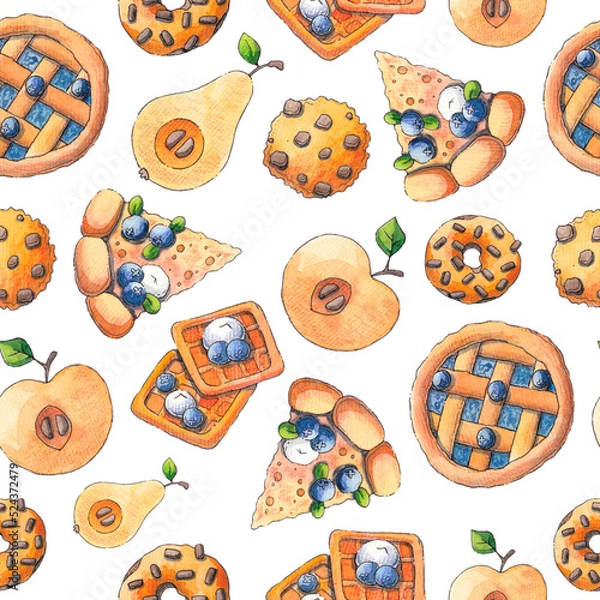 Obraz Sweet pastries: berry pie, fruit pie, waffles, cookies. Autumn illustration, painted in watercolor. Seamless pattern.