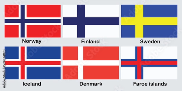 Fototapeta Simple flags of Scandinavia. Nordic countries.