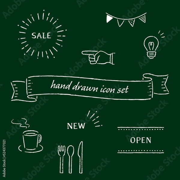 Fototapeta 手描きのアイコンやあしらいのイラストセット（黒板・ベクター・チョークアート）