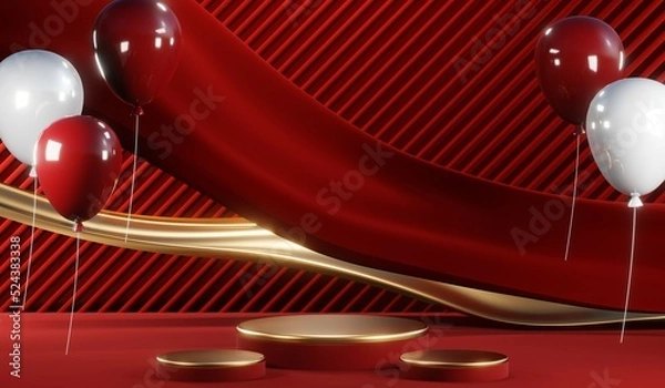 Fototapeta 3D rendering of blank product background for cream cosmetics Modern red podium background