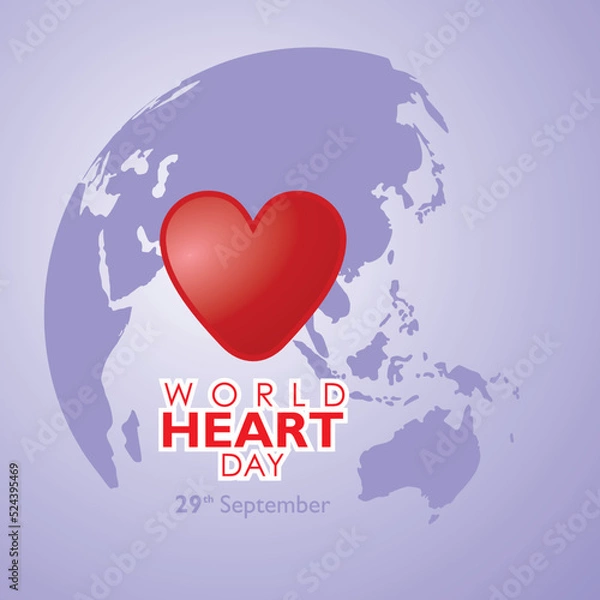 Fototapeta World heart day concept. September 29. illustration of red heart, globe and light purple background. Vector Illustration