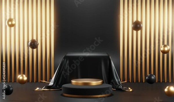 Fototapeta 3D rendering of blank product background for cream cosmetics Modern black podium background