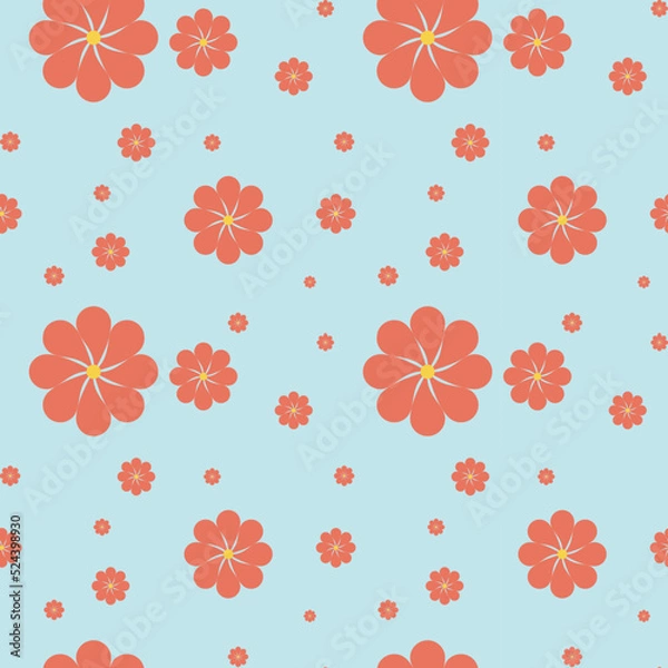 Fototapeta A lot of large and little pink flowers with yellow pollen spread border on light blue background wallpaper looks like Sakura or Cherry blossom.