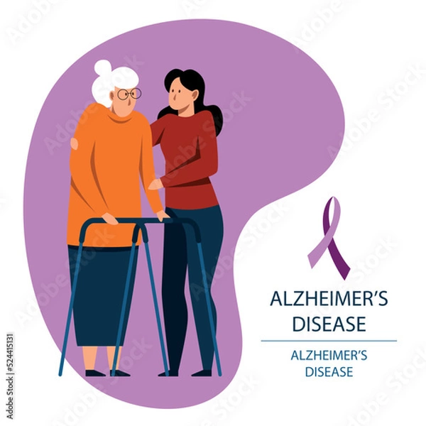 Fototapeta A vector image of an old woman with a cane. Alzheimer's disease.