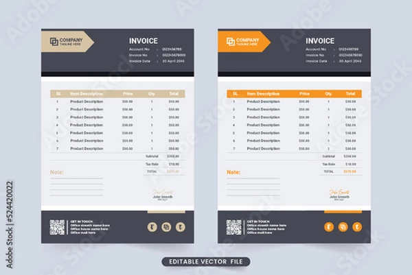 Obraz Professional business invoice template design with orange and dark colors. Product purchase and billing info record paper vector. Modern invoice template with abstract shapes and price sections.