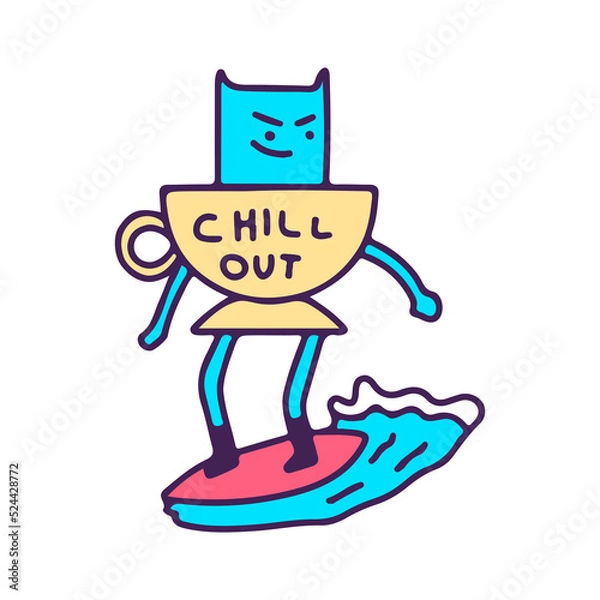 Obraz Funny cat in cup of coffee surfing, illustration for t-shirt, street wear, sticker, or apparel merchandise. With doodle, retro, and cartoon style.