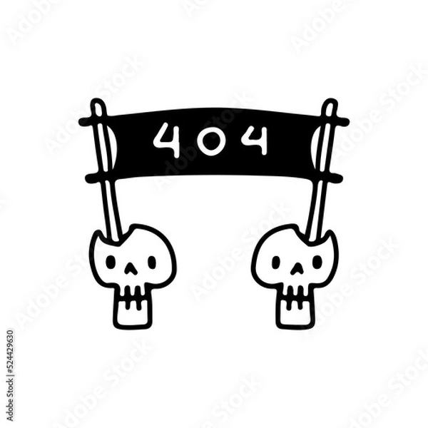 Fototapeta Funny skulls head with error 404 message, illustration for t-shirt, sticker, or apparel merchandise. With doodle, retro, and cartoon style.