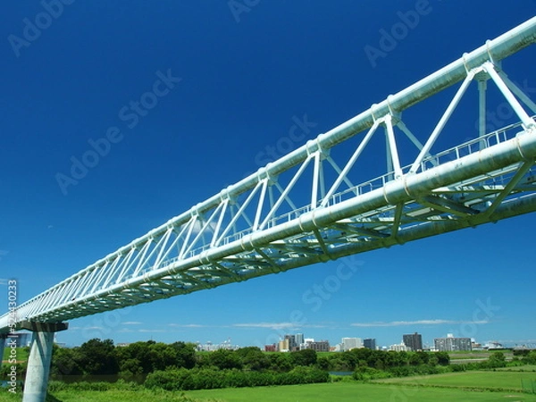 Fototapeta 真夏の土手から見る江戸川河川敷とガス導管のある風景