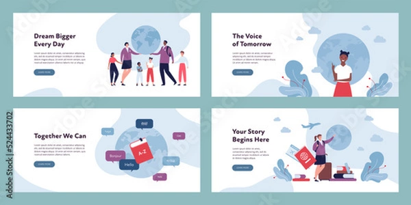 Fototapeta Education abroad banner template concept. Vector flat design character illustration set. Group of different ethnic boy and girl pupil student. Planet Earth, ticket, id, various language, plane symbol