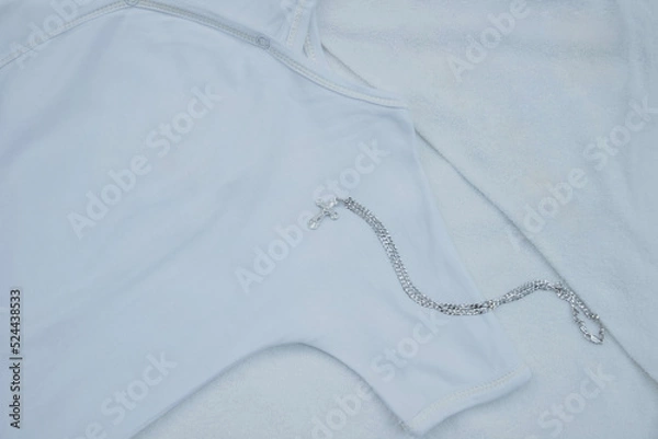 Fototapeta pattern, blank, empty, design, mock up, copy space, text, chain, white, abstract, fabric, textile, backgrounds, soft, light, closeup, clothes, children, baby, cross, out of focus, selective, christeni