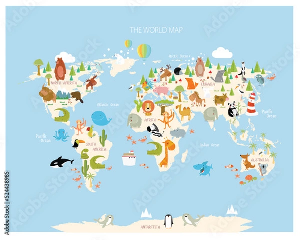 Obraz Print. Map of the world with cartoon animals for kids. Eurasia, South America, North America, Australia and Africa.

