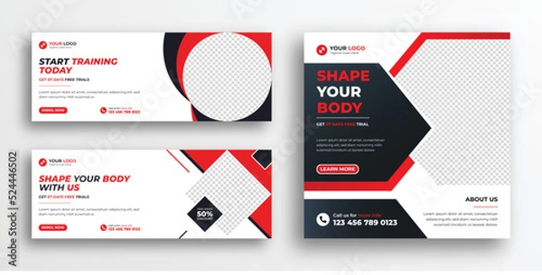 Fototapeta Gym and Fitness social media post design template. Gym and fitness facebook cover banner design. Web banner set design template layout with graphic element in vector.