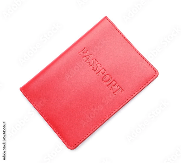 Fototapeta Passport in red leather case isolated on white, top view