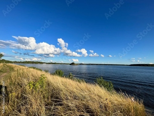 Obraz view of the Volga river, sunny day, dry grass