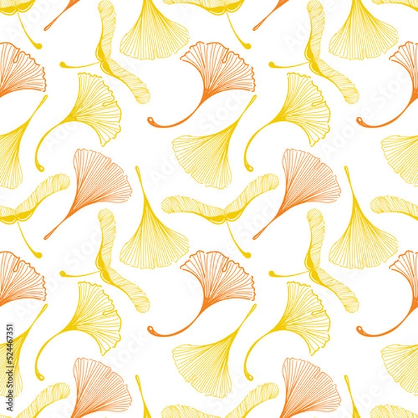 Obraz A seamless pattern of ginkgo and maple leaves in a sketchy style. Orange leaves on b background. Leaves in the shape of a duck's foot. Autumn. Mystical leaf skeletons.