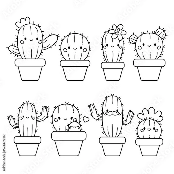 Fototapeta Cute kawaii set of cactus in flowerpots. Coloring page. Hand drawn doodle plants. Cartoon cactus for coloring book. Vector illustration.