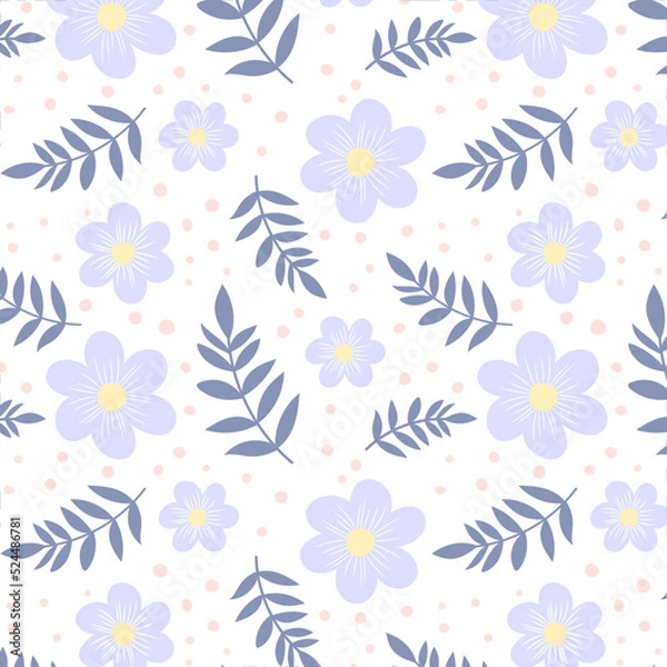 Fototapeta Vector pattern with purple flowers, twig. Vector spring and summer pattern. For fabric, postcards, diary, banners, print.