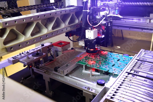Fototapeta Installer of SMD parts on boards and soldering parts. Machine for automatic assembly and soldering of electronic circuit boards. Electrical soldering parts. 