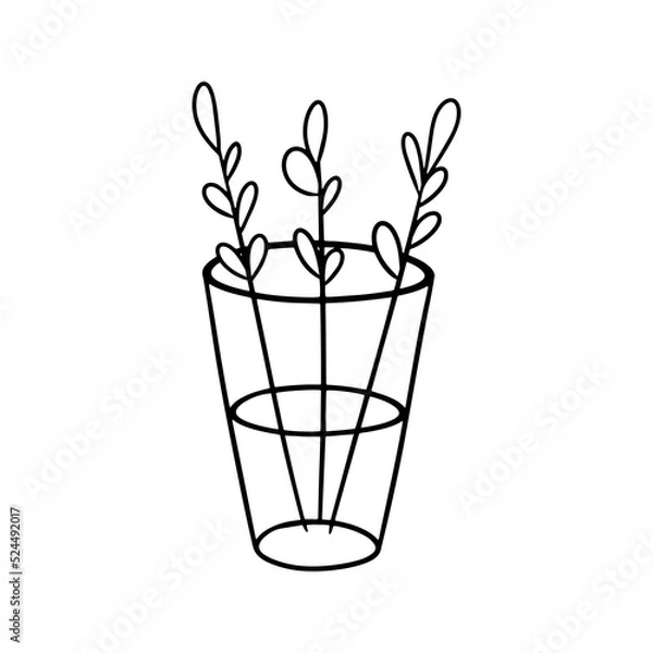 Obraz Monochrome illustration, Simple twigs with autumn leaves in a tall glass vase, vector cartoon