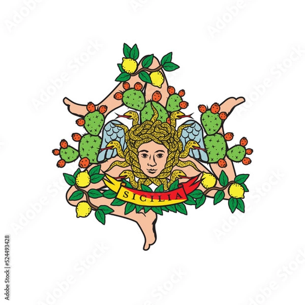 Fototapeta Vector illustration of Sicilian triskelion with lemons and cactus