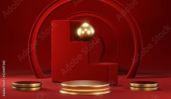 Fototapeta 3D rendering of blank product background for cream cosmetics Modern red podium background