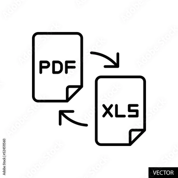 Fototapeta Convert PDF to Excel file vector icon in line style design for website design, app, UI, isolated on white background. Editable stroke. Vector illustration.