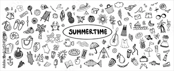 Obraz A set of various vector elements and symbols isolated on a white background. Collection of summer holidays at the sea, beach, exotic holidays. Vacations, trips abroad, travel, world tourism.