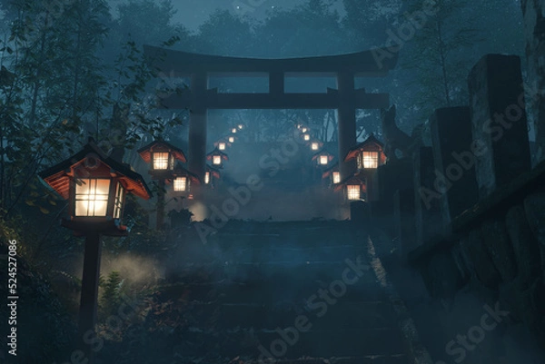 Fototapeta 3d rendering of an old japanese shrine with red torii gate and wooden illuminated lantern at foggy night