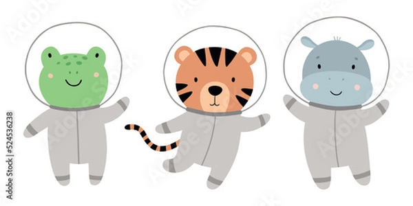Fototapeta Cute animals in space. Hand-drawn frog, tiger, hippo. Cartoon characters in an astronaut costume. Vector illustration