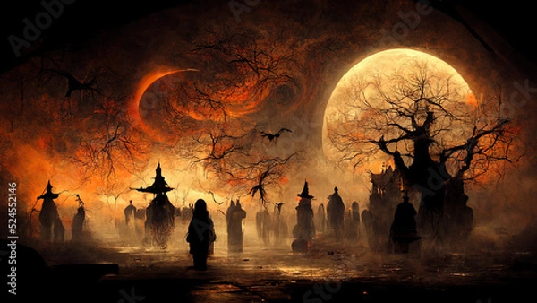 Fototapeta Halloween background with scary pumpkins, Dracula's castle and silhouettes of flying bats against full moon. Hi tech. AI.
