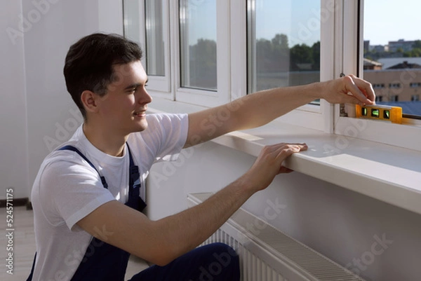Fototapeta Worker using bubble level after plastic window installation indoors