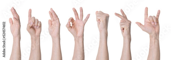 Fototapeta Set of Man hand gestures isolated on transparent background - PNG format.
