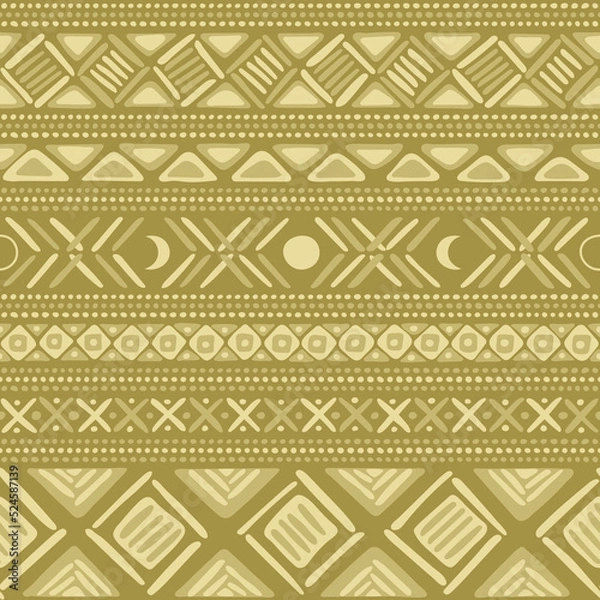 Fototapeta vector seamless pattern with geometric shapes and moons. hand drawn repetitive background. olive green tribal ornament. fabric swatch. wrapping paper. design template for textile, linen, home decor