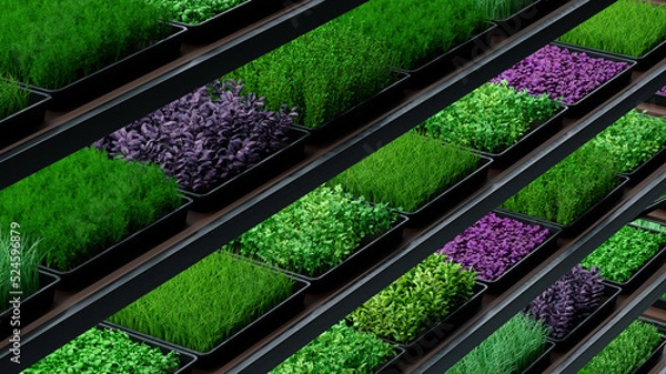 Fototapeta Indoor vertical farm. Spice and seasoning. Parsley, dill, basil, onion, rosemary, mint, thyme. Hydroponic microgreens plant factory. Led lights. 3d illustration.